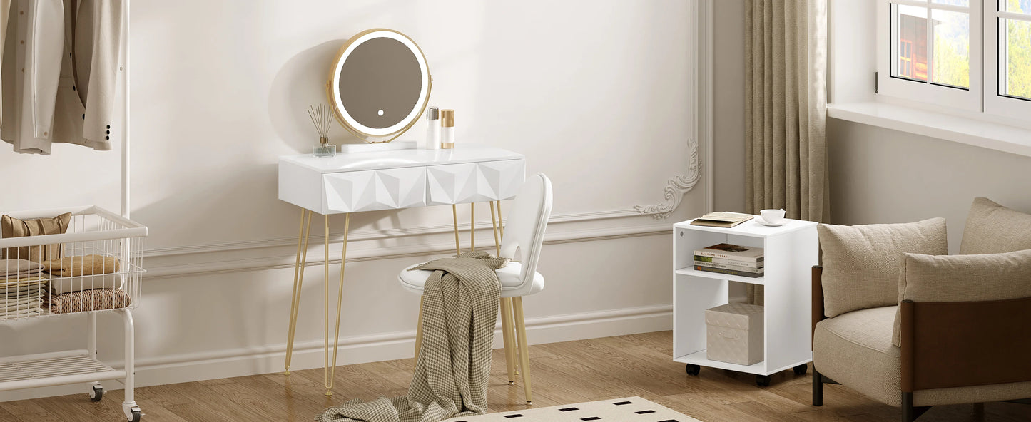 Dressing Table Vanity Cosmetic Table dresser with LED Light in 3 Light Colours Velvet Chair 2 Drawers 360° Rotating Mirror