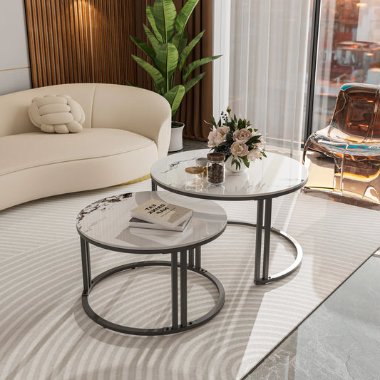 Set of 2 Modern Round Nesting Coffee Table Sintered Stone-top Stacking Sofa Accent Table for Living Rooms Aluminum Frame