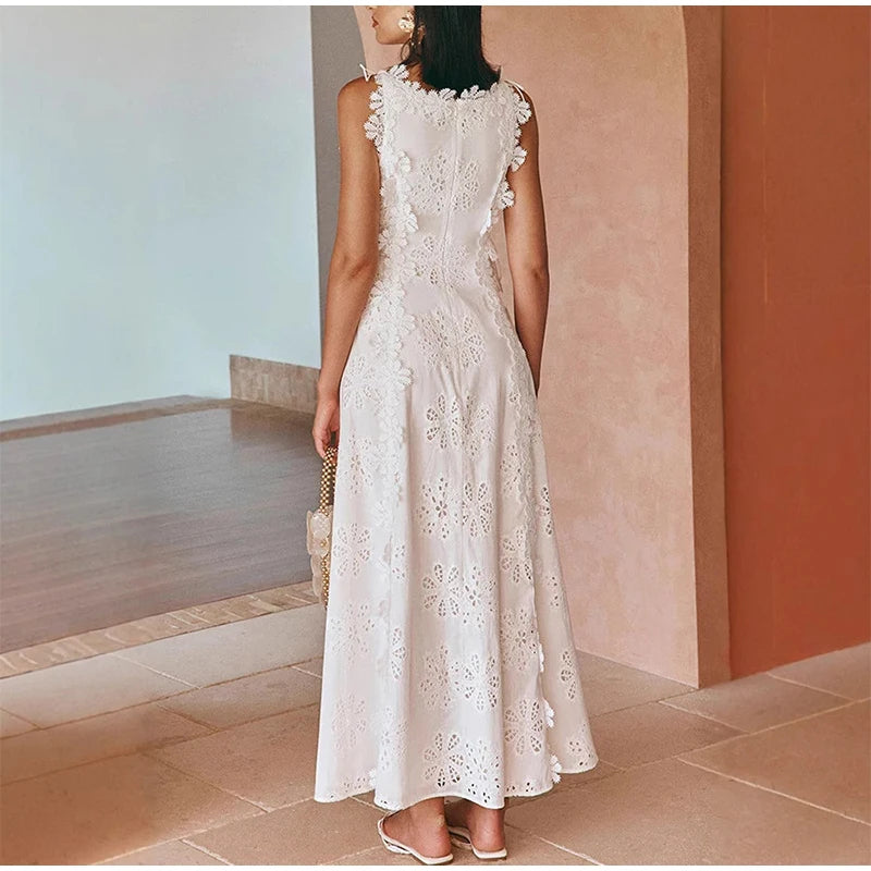 Embroidery Flower Patchwork Long Dress For Women Round Neck Sleeveless Lace Up High Waist Spliced Slim Dresses 2025 Summer New