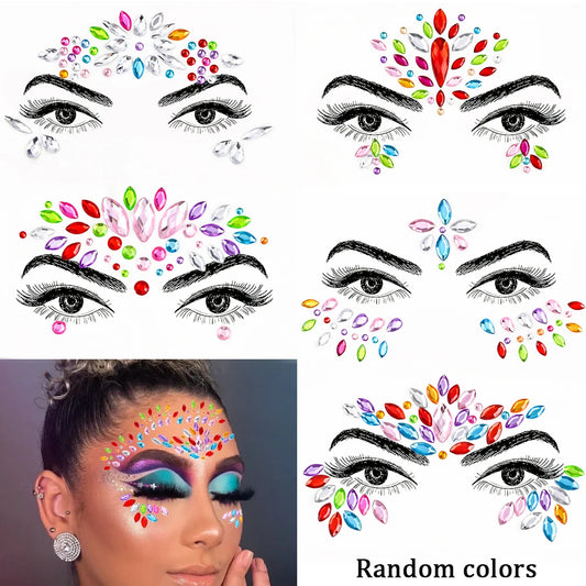 5Pcs 3D Random Face Diamond Tattoos Stickers Colorful Glitter Crystal Gem Sticker for Party Makeup Body Jewel Tattoo Decorations
