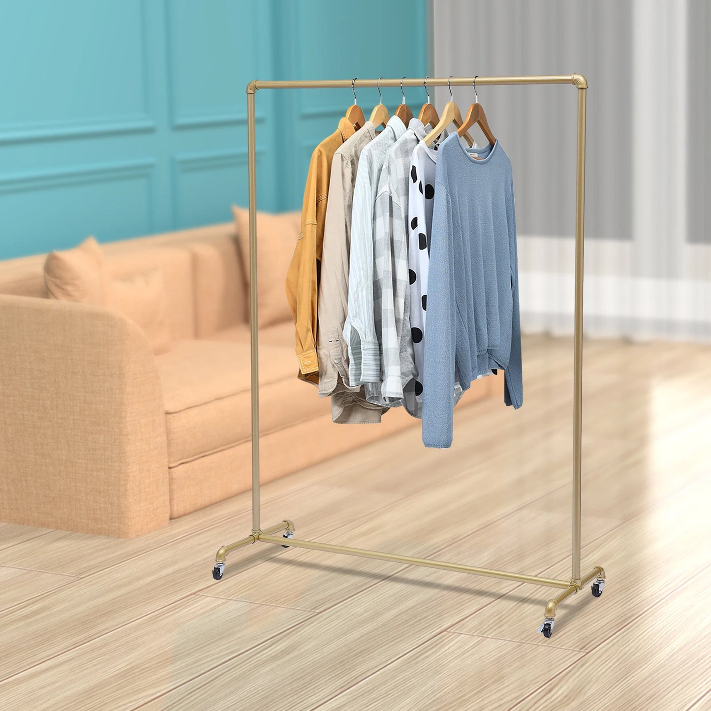Floor Standing Galvanized Pipe Clothing Rack With Wheels 120*40*160cm Coat Rack For Family Clothes Display
