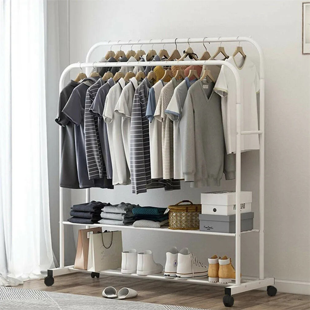 Heavy Metal Double Clothes Rail Hanging Rack Garment Display Stand Storage Shelf Rolling Closet Organizer
