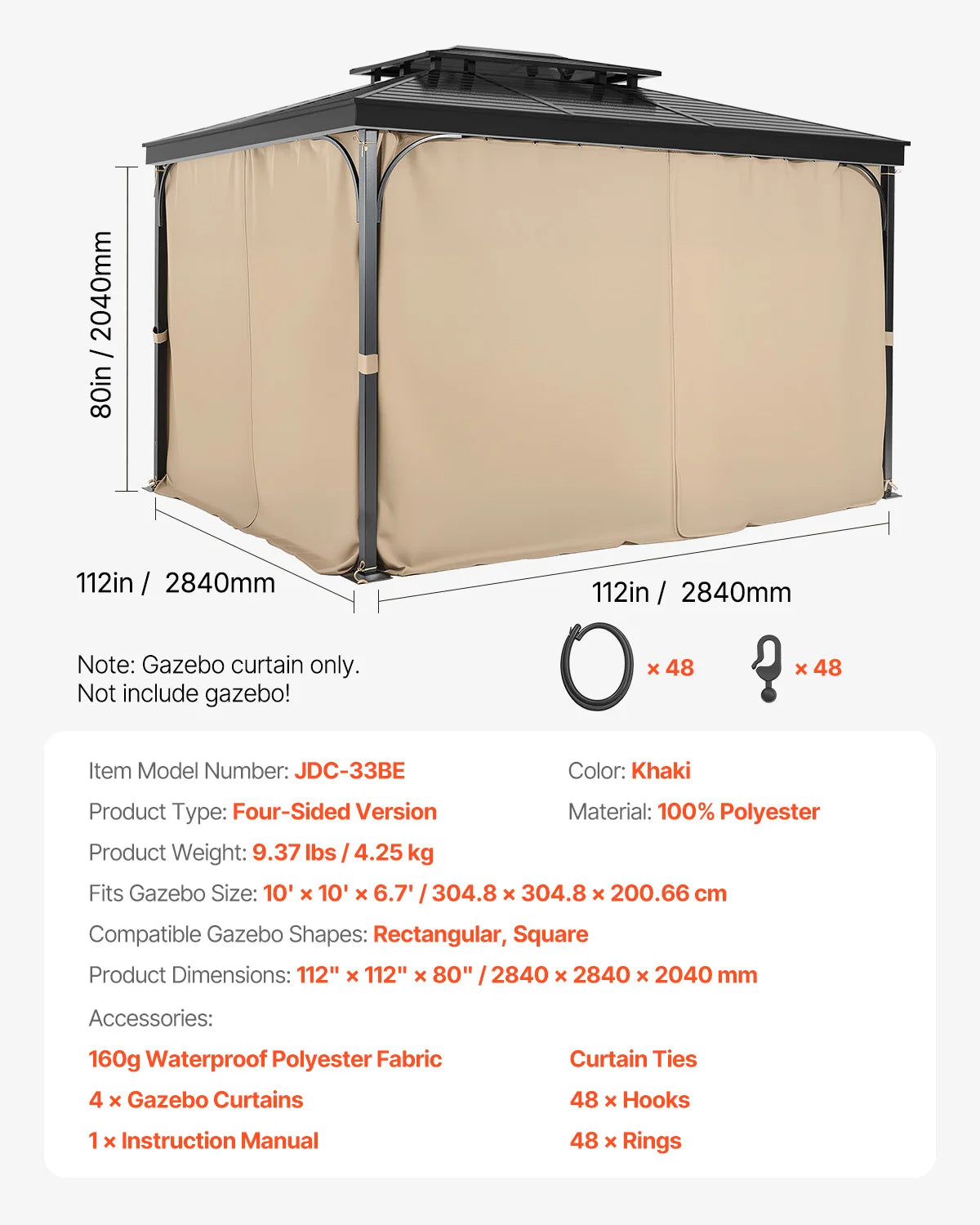 VEVOR Gazebo Curtains 4-Panel Sidewall Gazebo Privacy Curtains with Zippers Universal Sunshade Curtains Replacement for Patio