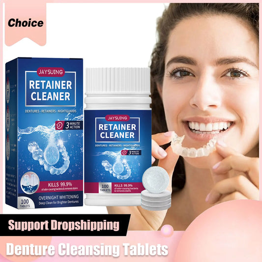 100 Tabs Denture Cleaning Tablet False Tooth Retainer Cleaner Tablets Whitening Remove Odor Discoloration Stain Plaque Oral Care