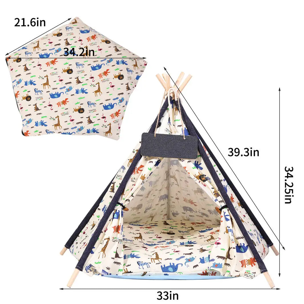 BingoPaw-Foldable Pet Tent with Cushion Pad, Cute Dog Bed House, Washable Cat Teepee, Playhouse Tents