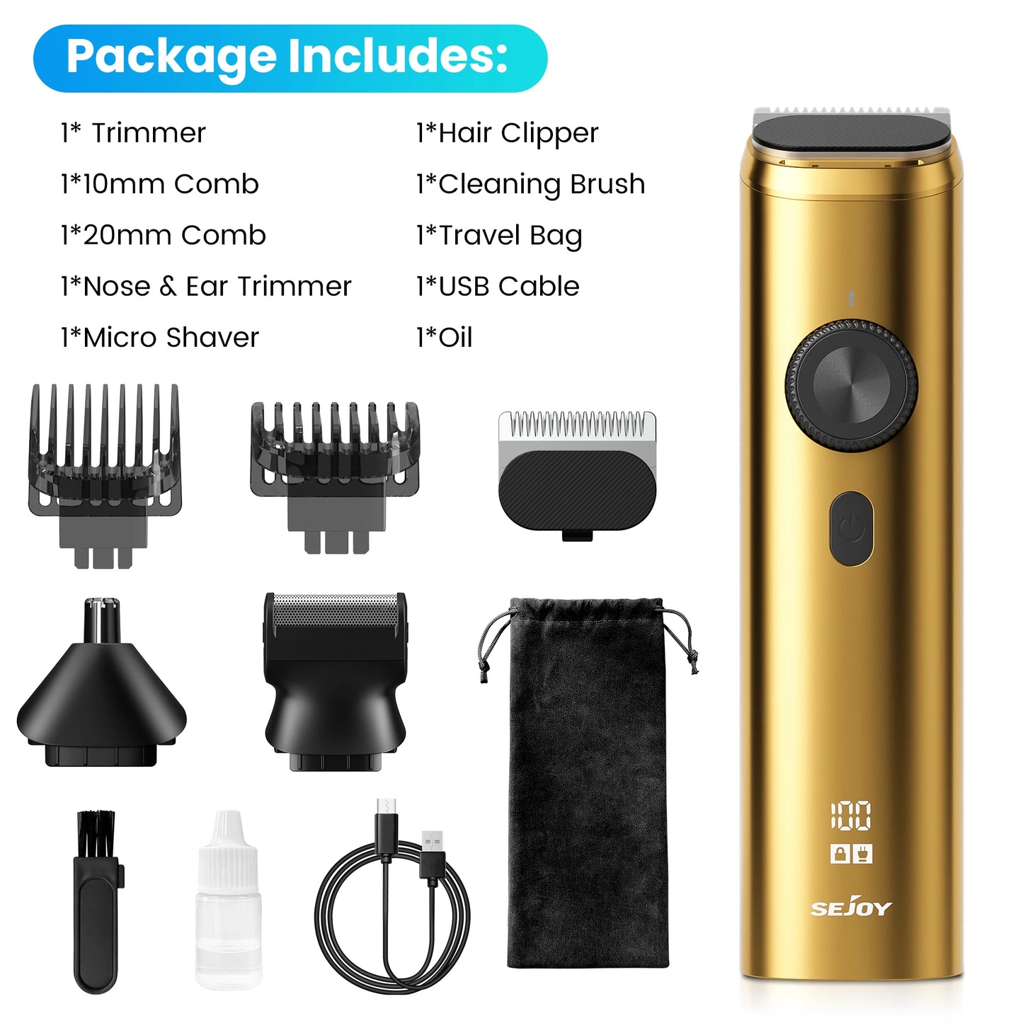 SEJOY Hair Clipper Kit Professional Hair Nose Trimmer for Men Reachageable Waterproof Haircutting Machine,Gold