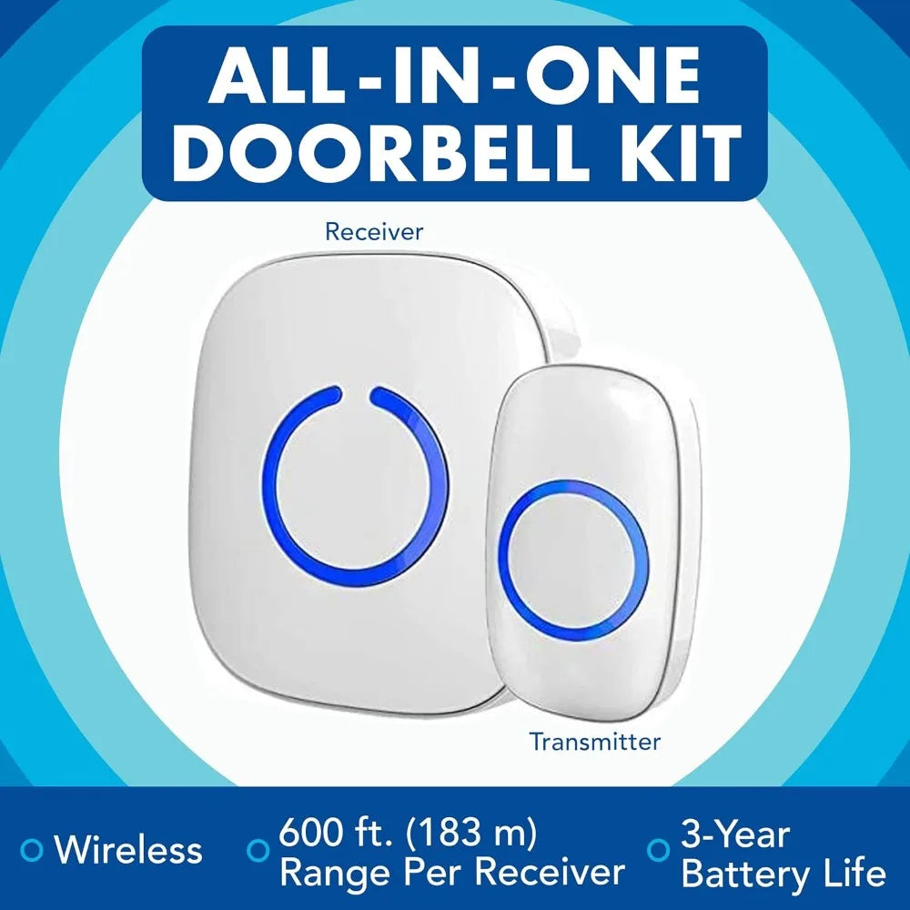 Wireless Doorbells for Home, Apartments, Businesses, Classrooms, etc. - 1 Door Bell Ringer & 2 Plug-In Chime Receiver