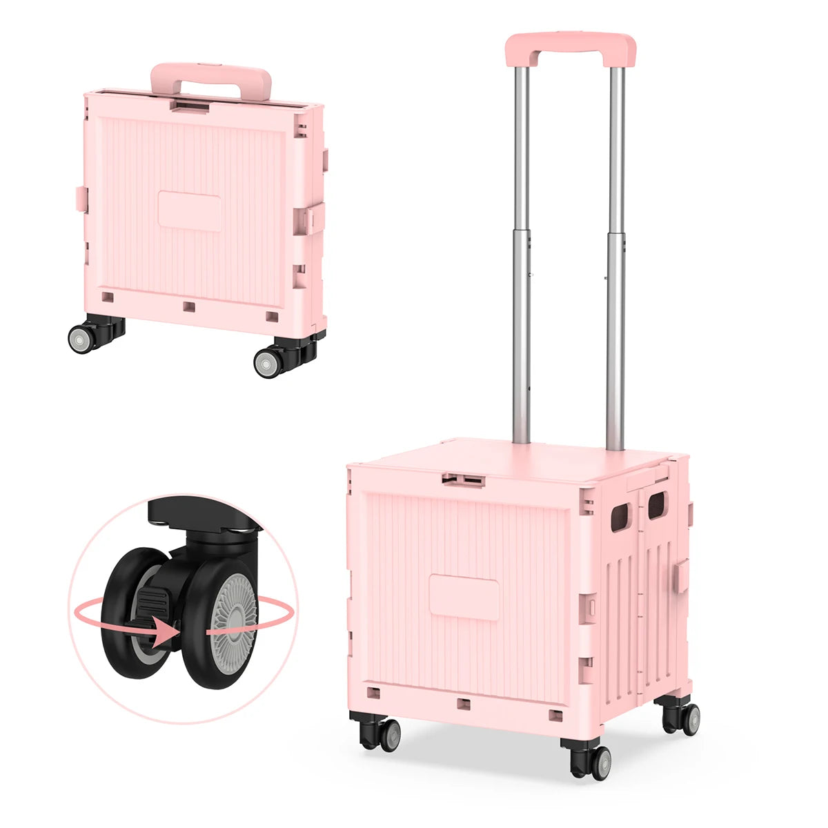Foldable Utility Cart Mobile Folding Cart with Lid 360°Rotate Large Capacity Portable Shopping Hand Trolley for Travel Camping