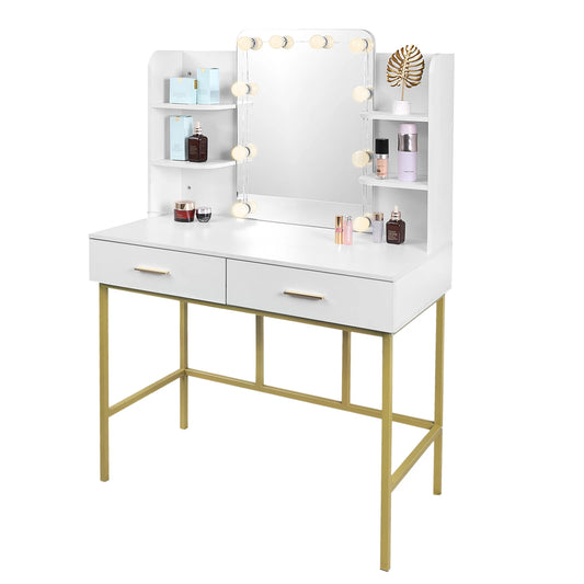 White Gold Vanity Desk with Mirror LED Lighting 2 Drawers Modern Dresser Dressing Table Makeup Table for Bedroom Household Home