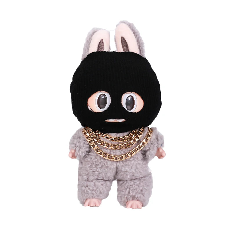 For Labubu Clothes Accessories Trendy Cool Cute Fun and Funny Style Black Knit Hat and Necklace Street Fashion Doll Accessories