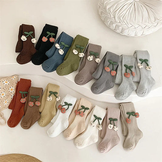 Girls Cotton Tights with Cherry Pattern - Soft Pantyhose for Kids Ages 2-10 Years