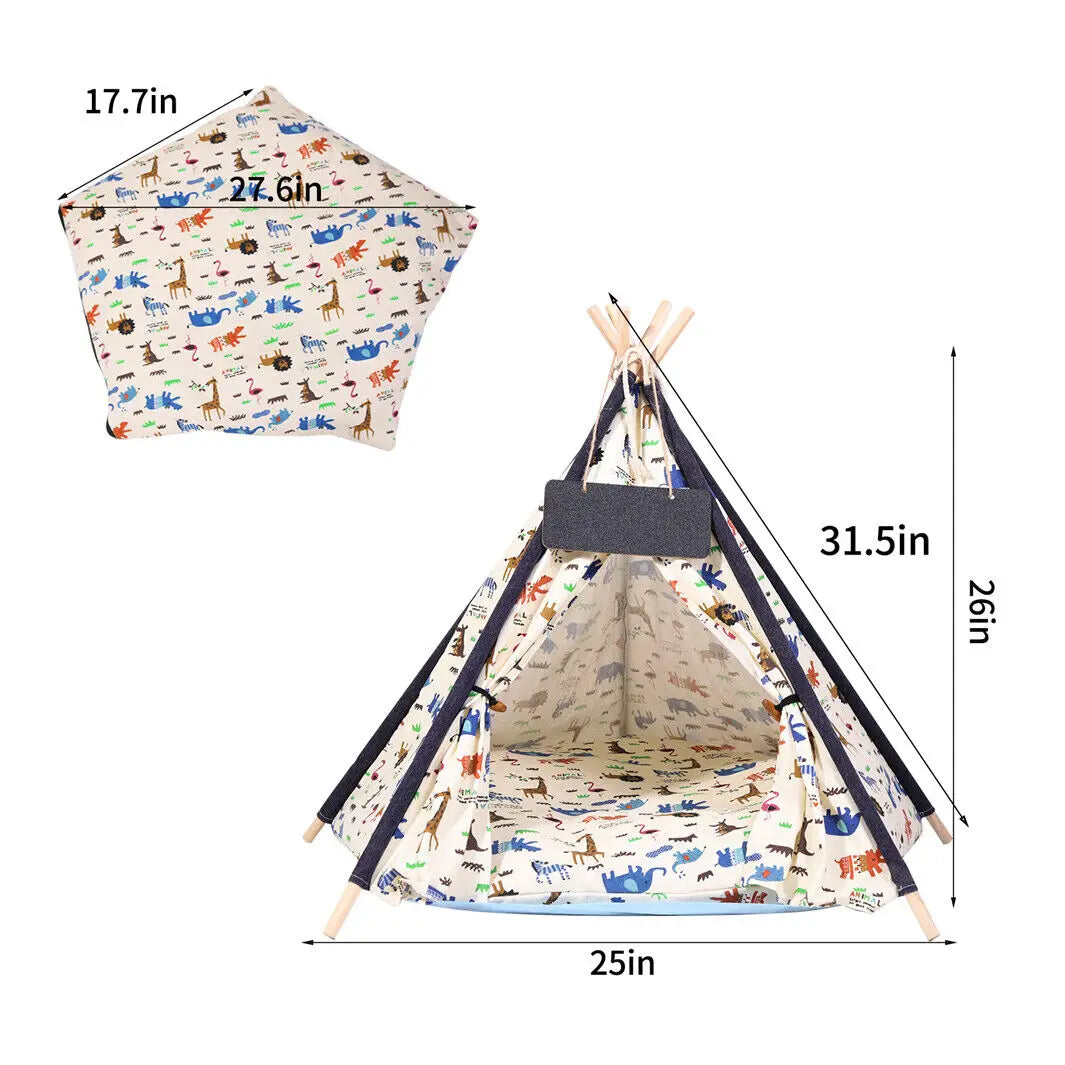 BingoPaw-Foldable Pet Tent with Cushion Pad, Cute Dog Bed House, Washable Cat Teepee, Playhouse Tents