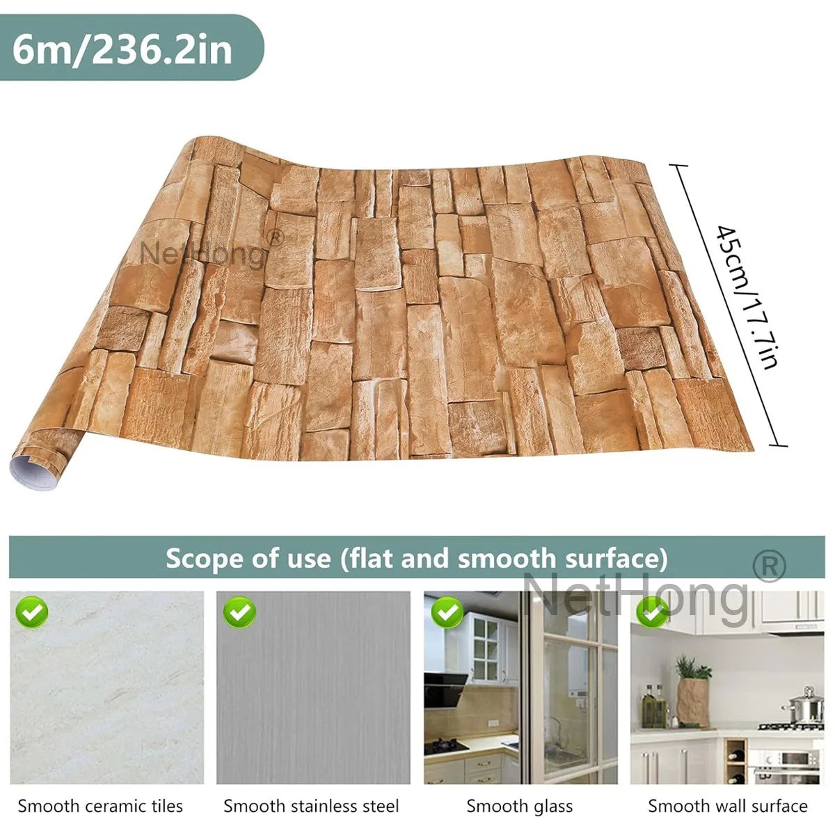 6M Vinyl Orange-brown Brick Wallpaper Stickers Self Adhesive Paper Waterproof