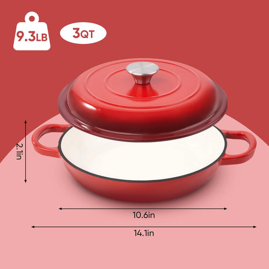 3 QT Enamel Light Cast Iron Dutch Oven, Double Handle Dutch Pot Cooking, Stew, Heavy Duty And Non-Stick, Oven Safety Up To 500°F