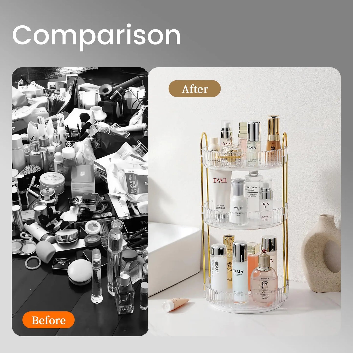 Rotating Makeup Organizer for Vanity Make Up Storage Box for Bathroom Counter Clear Cosmetic Toiletry Dresser Spinning Holder