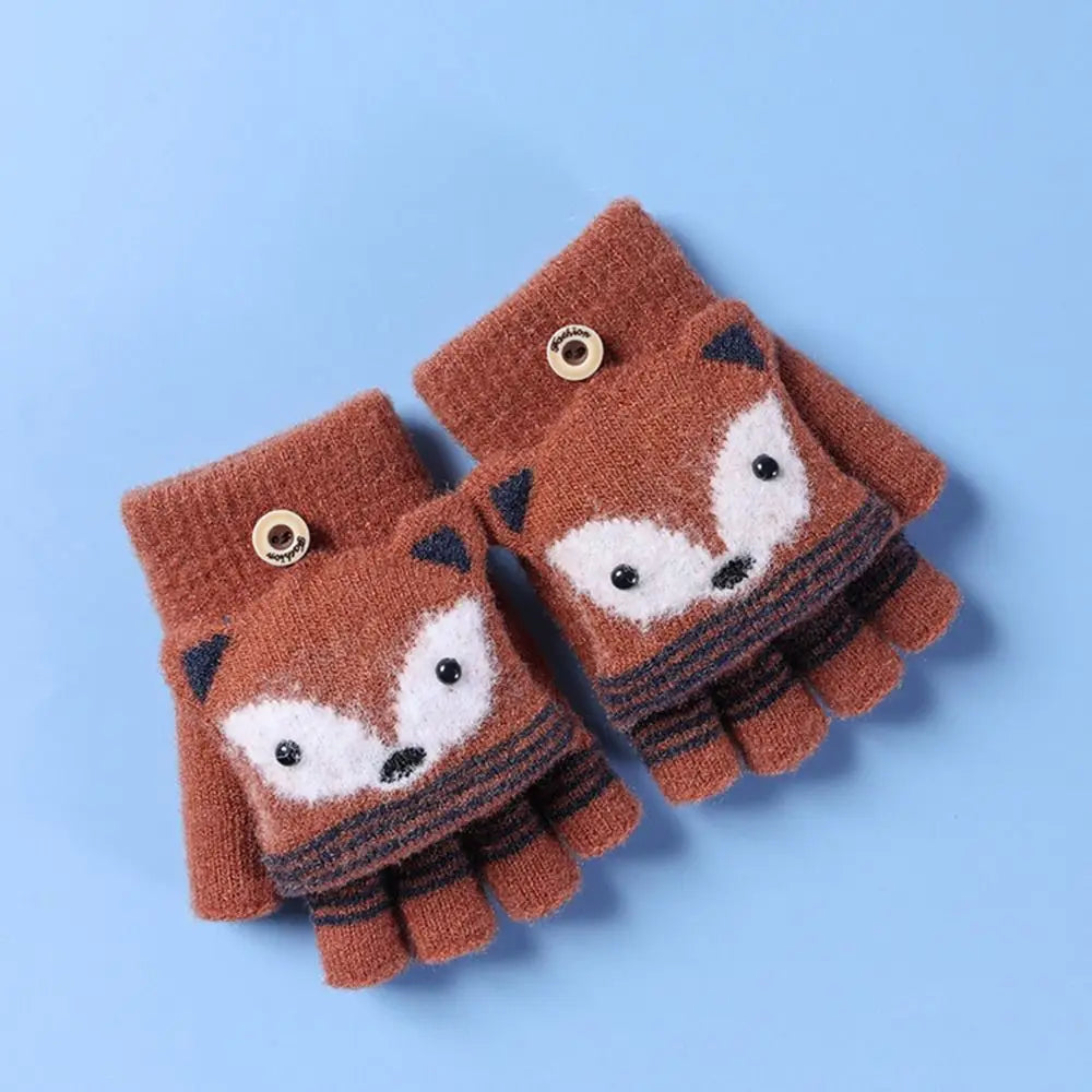 Flip Fingerless Gloves Autumn Winter Children Knitted Gloves Cute Cartoon Fox Warm Half-Finger Gloves