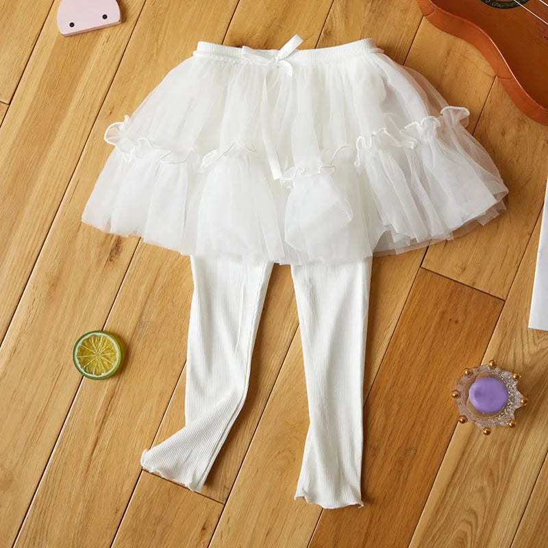 Kids Autumn Leggings Children Cute Thin Style Yarn Skirt Kids Solid Color Bow Skinny Pants