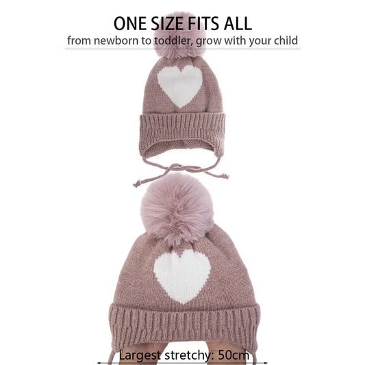Cute Pompom Baby Turban Hats Heart Knitted Caps Boys Girls Beanies 0-3T Autumn Winter Kids Headwraps Bonnets Hair Accessories