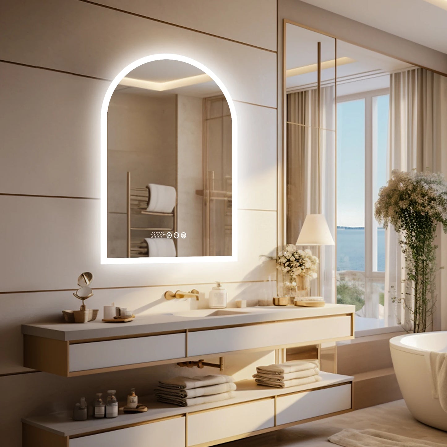 60x90CM Vertical Arch-Shape LED Bathroom Mirror Backlit Frameless Lighted Antifog Mirror Time Temperature Display