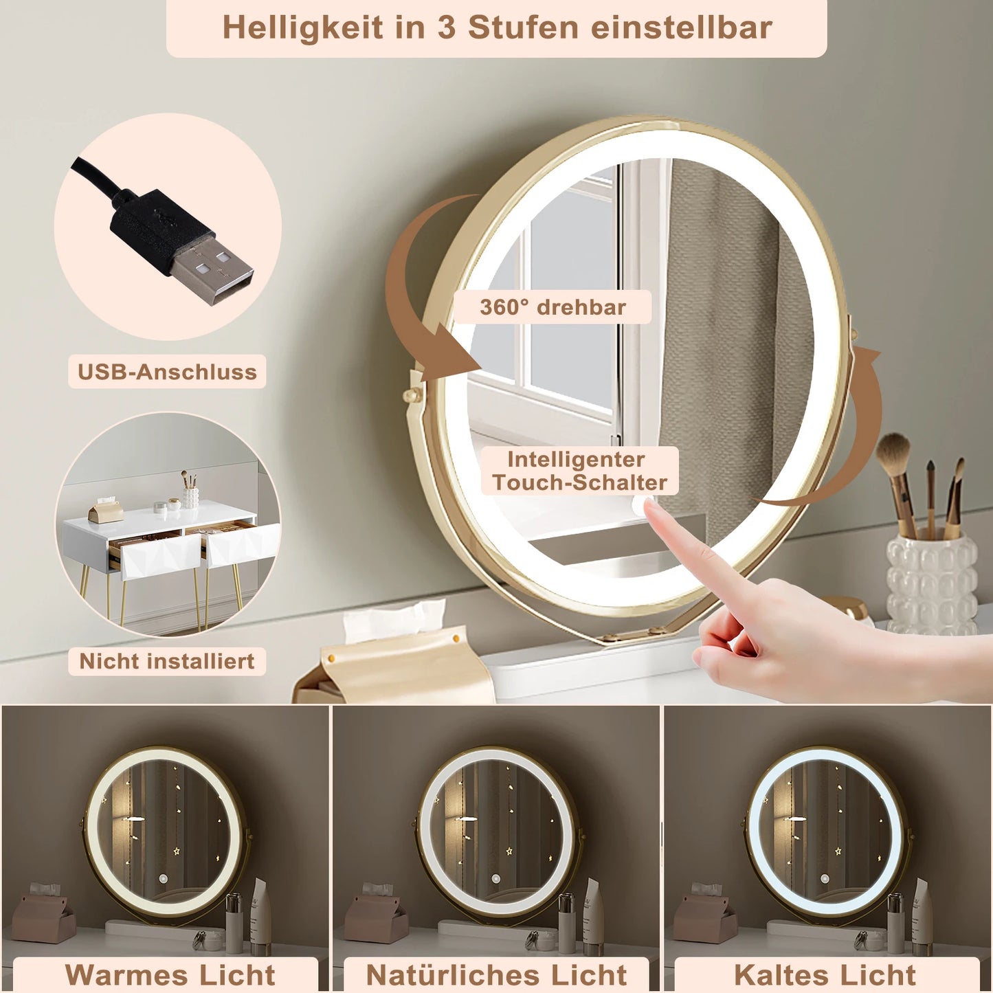 Dressing Table Vanity Cosmetic Table dresser with LED Light in 3 Light Colours Velvet Chair 2 Drawers 360° Rotating Mirror