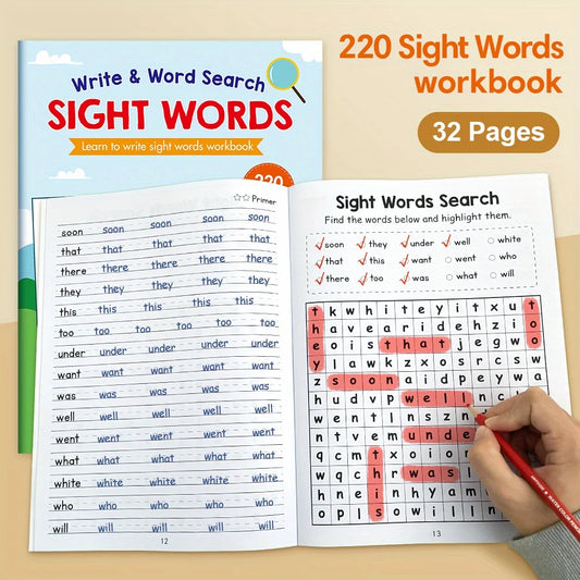 220 Sight Words Learning Workbook with Answer Key Educational Handwriting Sight Words Search Games for Age 3+ School Supplies