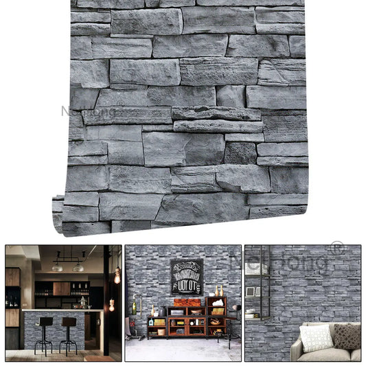 6M 3D Gray Stone Brick Effect Wallpaper Vinyl Self Adhesive Wall Stickers