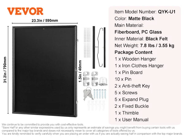 VEVOR Jersey Display / Sports Card Display Frame Case, Large Lockable Sport Shadow Box, 98% UV Protection PC Glass and Hangers