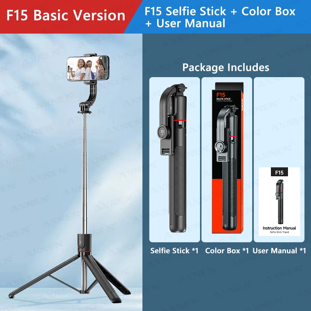F15 Selfie Stick Tripod with Bluetooth Remote, 6-Section Extendable Pole, 360° Rotation, Fill Light Option, for Phone Vlog
