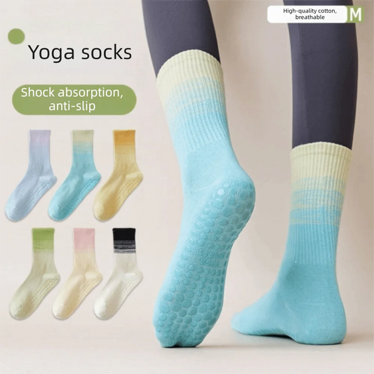 New Non-Slip Yoga Pilates Socks Gradient Color Silicone Grips Mid-Calf Socks Breathable Combed Cotton Sports Dance Socks Women