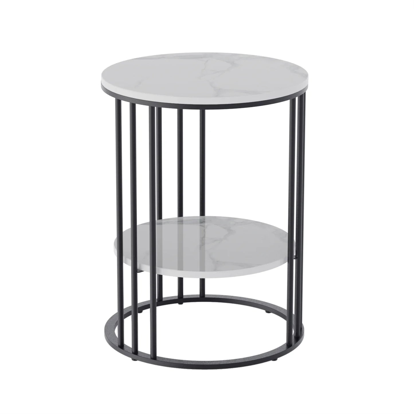 2 Tier Sintered Stone End Table Round White Sofa Side TableSmall Coffee Table with Black Frame - Modern Bedside Nightstand