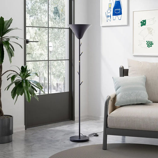 KOMORE Modern Black E14 1-Light Floor Lamp with Coat Rack for Living Room Office, Bedroom, Hallway, Porch