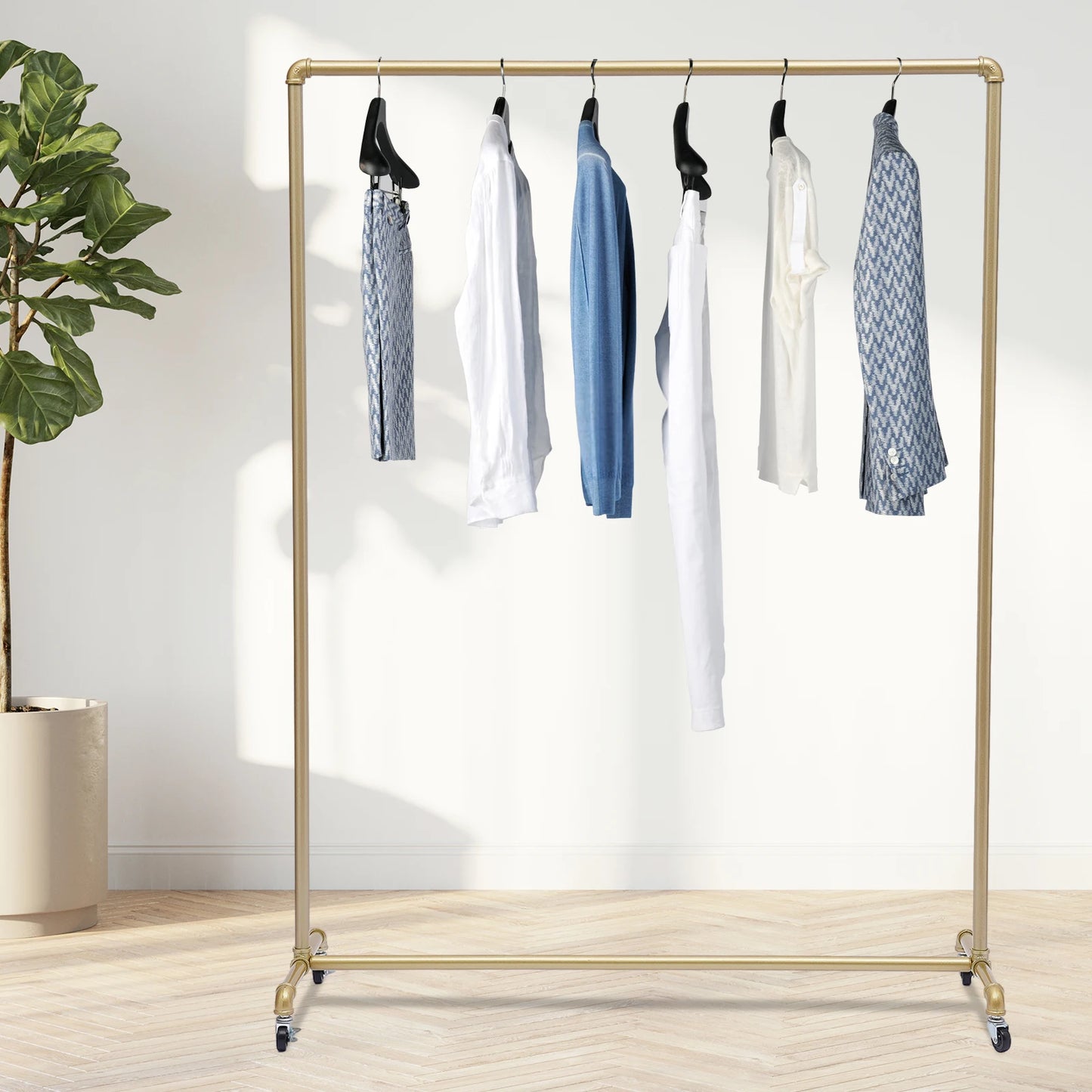 Floor Standing Galvanized Pipe Clothing Rack With Wheels 120*40*160cm Coat Rack For Family Clothes Display