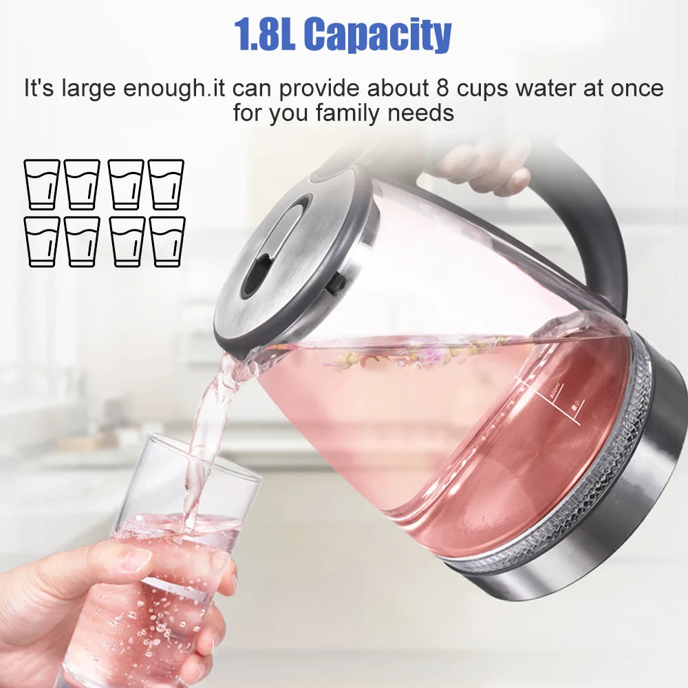 2L 1800W Electric Kettle Glass Fast Boil Blue LED household appliance With Stainless Steel Fast Boiling Portable Jug Security