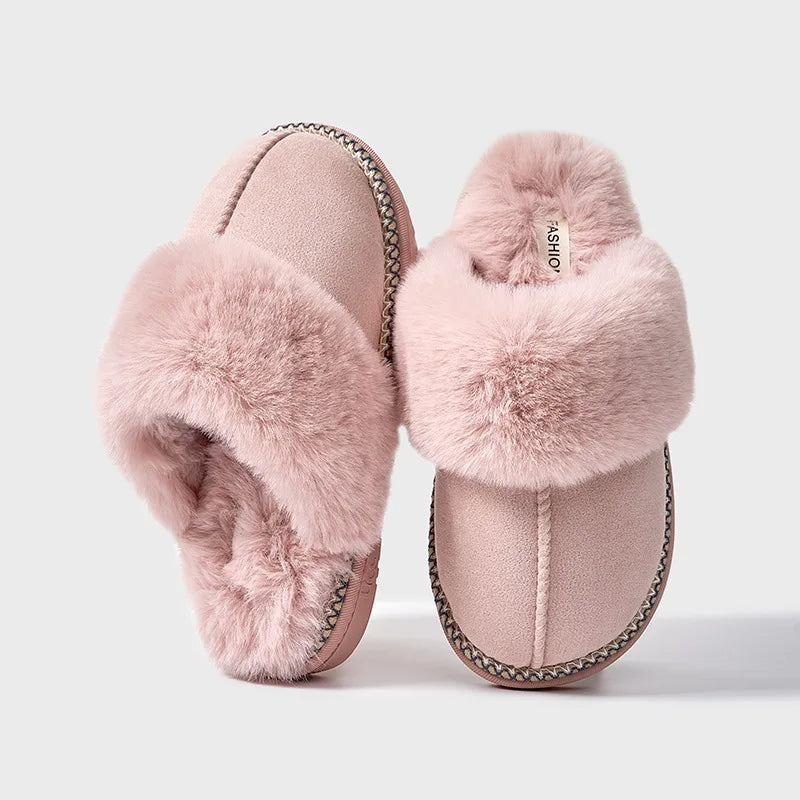 Fashion Faux Suede Plush Slippers for Women 2024 Thick Sole Winter Warm Fuzzy Slides Woman Non Slip Indoor Home Cotton Shoes
