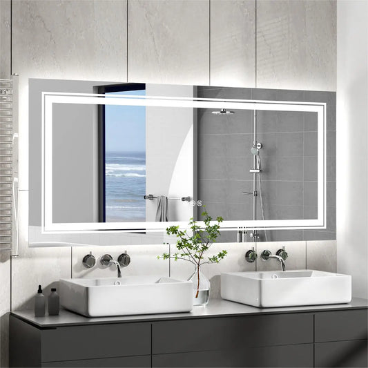 Jumbo-Large Illuminated LED Bathroom Mirror, Front and Backlit Lights, Wall Mounted, Touch Anti-fog Vanity Mirror
