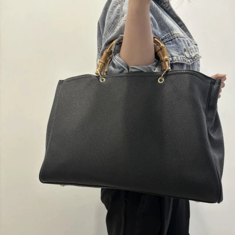 England Style Tote Bags For Women Luxury Designer Handbags Purses 2024 New In PU Lychee Texture Bamboo Handle Underarm Shoulder