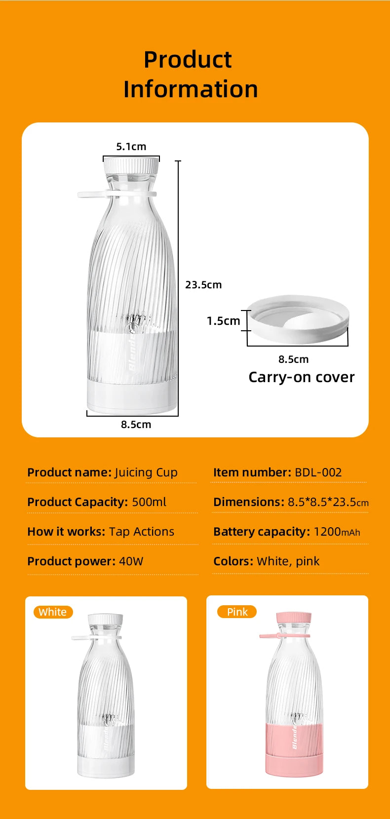 500ML Portable Blender Electric Juicer Fruit Mixers USB Rechargeable Blender juice Cup Bottle 6 Blades