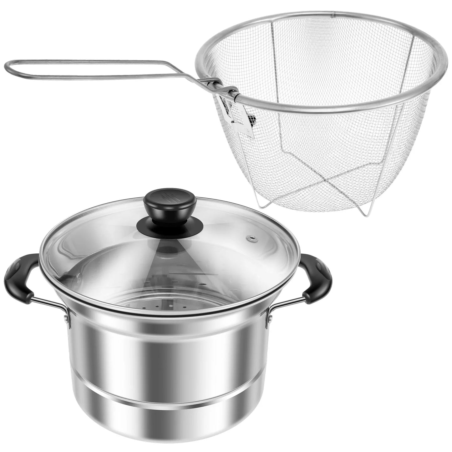 Deep Fryer Pot with Strainer Basket Stainless Steel Fryer Pot Multifunctional Deep Frying Pot for Cooking Chicken Wings Seafood