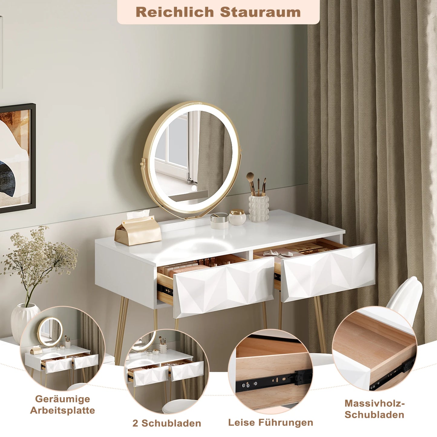 Dressing Table Vanity Cosmetic Table dresser with LED Light in 3 Light Colours Velvet Chair 2 Drawers 360° Rotating Mirror