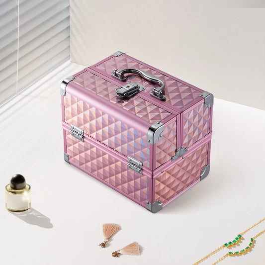 Modishion Professional Makeup Case Portable Makeup Case 2 Trays with Mirror Makeup Tool Storage Box Travel Makeup Case