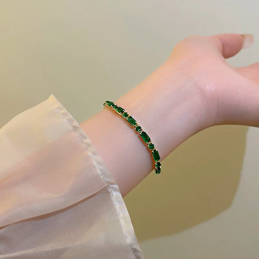 French Luxury Green Zircon Spliced Metal Copper Alloy Bracelet 2024 New Fashion Jewelry For Womens Party Charm Wrist Accessories
