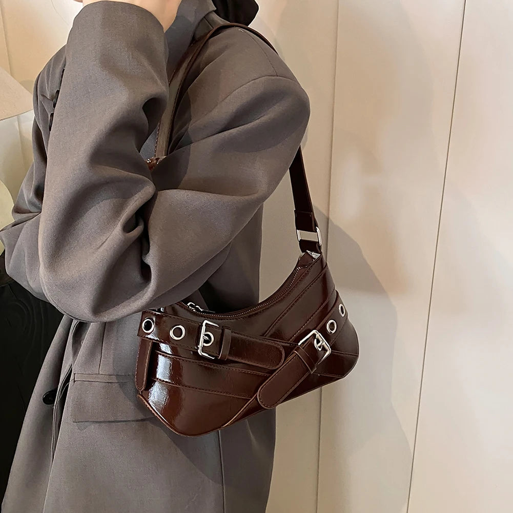 MOJOYCE Small Belt Design Glossy Patent Leather Shoulder Bags Women Luxury Brand Tote Handbag Y2K Underarm Bag with Inner Pocket