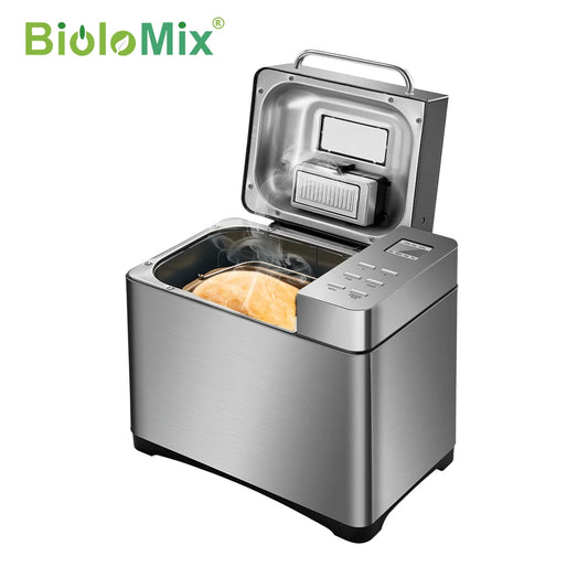 BioloMix Stainless Steel 19-in-1 Automatic Bread Maker,650W Programmable Bread Machine with 3 Loaf Sizes Fruit Nut Dispenser