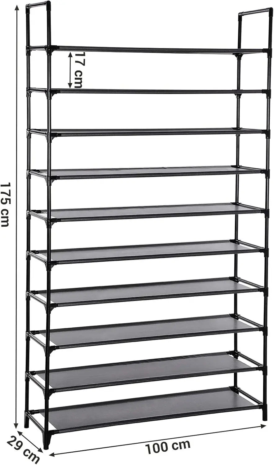 SONGMICS 10-Tier Shoe Rack, Shoe Stand, Space-Saving Shoe Storage, 29 x 100 x 175 cm, Metal Frame, Non-Woven Fabric Shelves