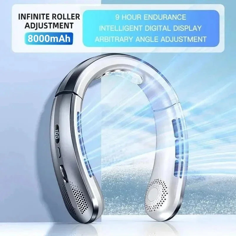8000mAh USB Hanging Neck Fan Portable Bladeless Mini Rechargeable Mute LED Digital Display Electric Fans Air Cooler New