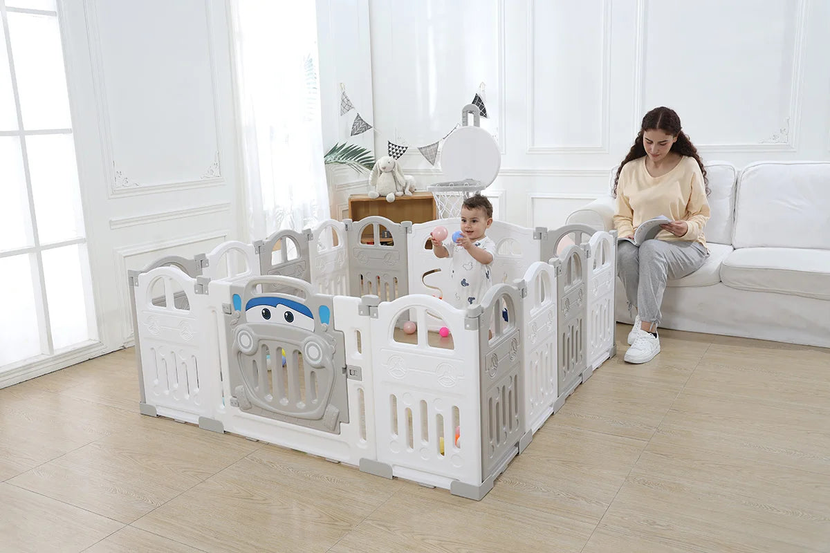 UBRAVOO Foldable Baby Playpen with Basketball Hoop & 50Pcs Coloured Pit Balls, Toddler and Baby Play pen fence, 14-Panel