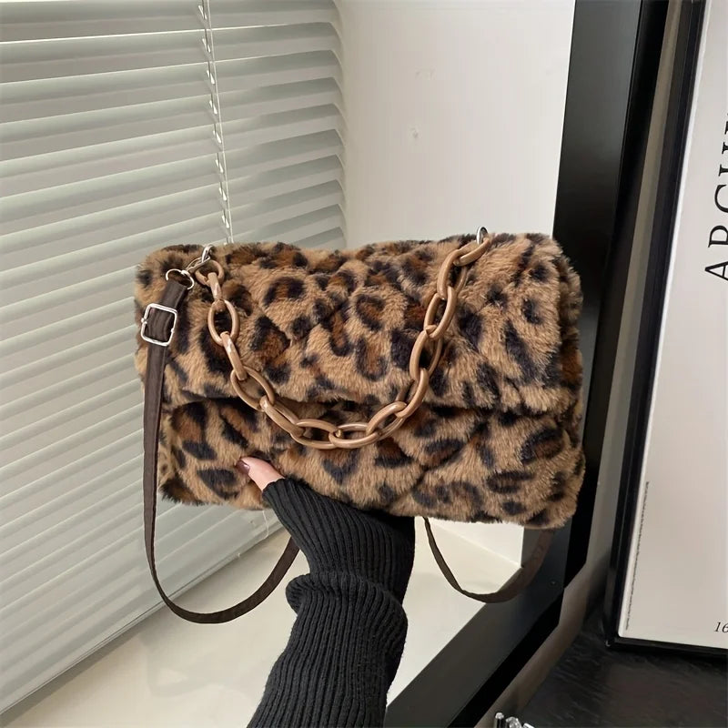 Korean Style Leopard Print Plush Crossbody Handbag for Women - Autumn Winter Fashion Bag