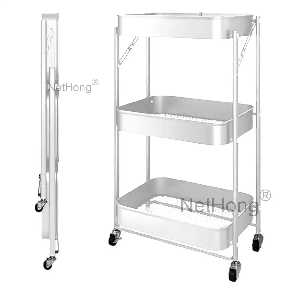 3 Tier Metal Folding Trolley Cart Storage Rack Rolling Shelf Beauty Office Wheel
