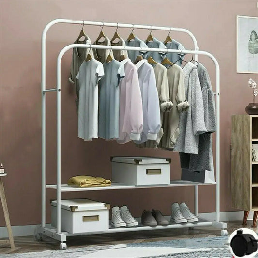 Heavy Metal Double Clothes Rail Hanging Rack Garment Display Stand Storage Shelf Rolling Closet Organizer