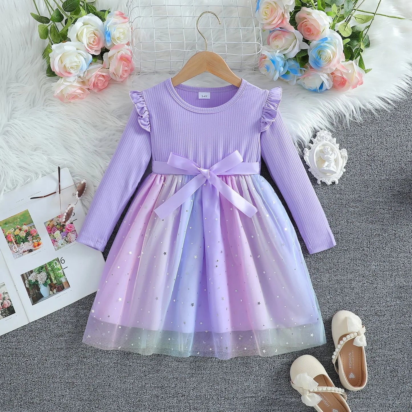 Girls Dress Blue Autumn Princess Dress Kids Clothes Birthday Party Dress Pink Long-sleeved for Children Fashion Rainbow 1-6Y